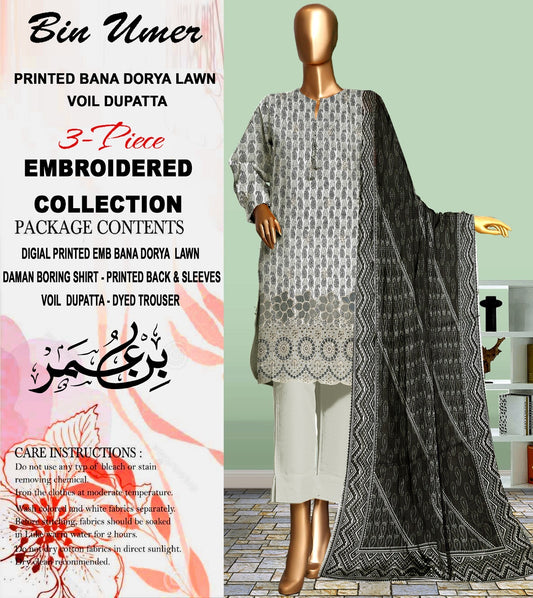 Bin Umer Unstitched Lawn 3 Pcs Embroidered Collection