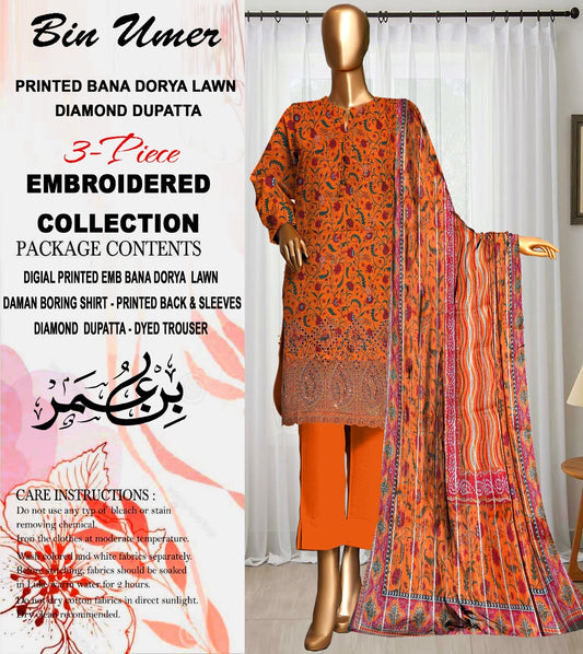 Bin Umer Unstitched Lawn 3 Pcs Embroidered Collection