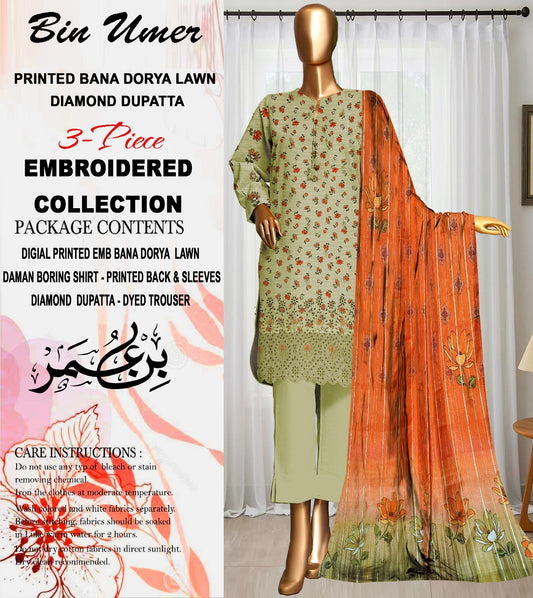 Bin Umer Unstitched Lawn 3 Pcs Embroidered Collection