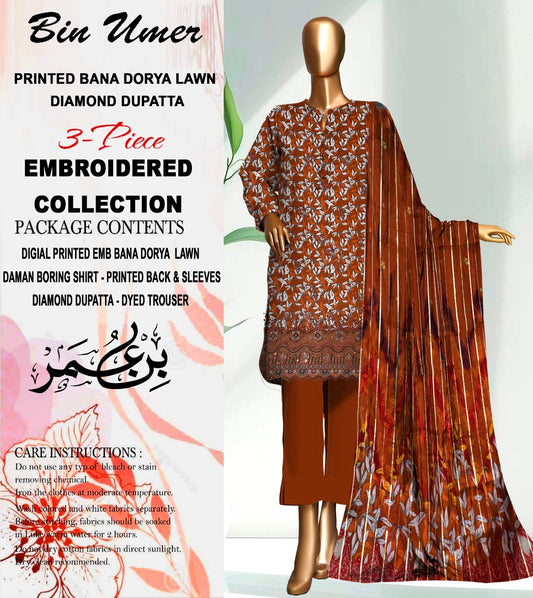 Bin Umer Unstitched Lawn 3 Pcs Embroidered Collection